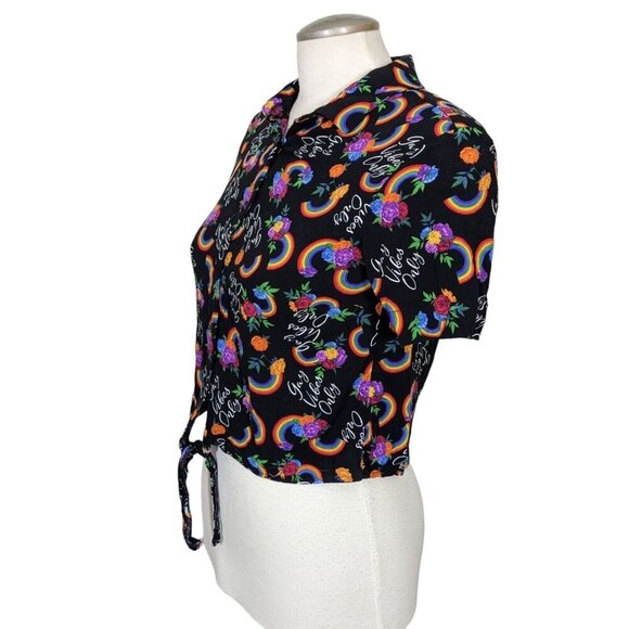 Spencers Crop Top Womens Size Medium Black Floral Pride Rainbow Print Tie Front - Picture 6 of 7